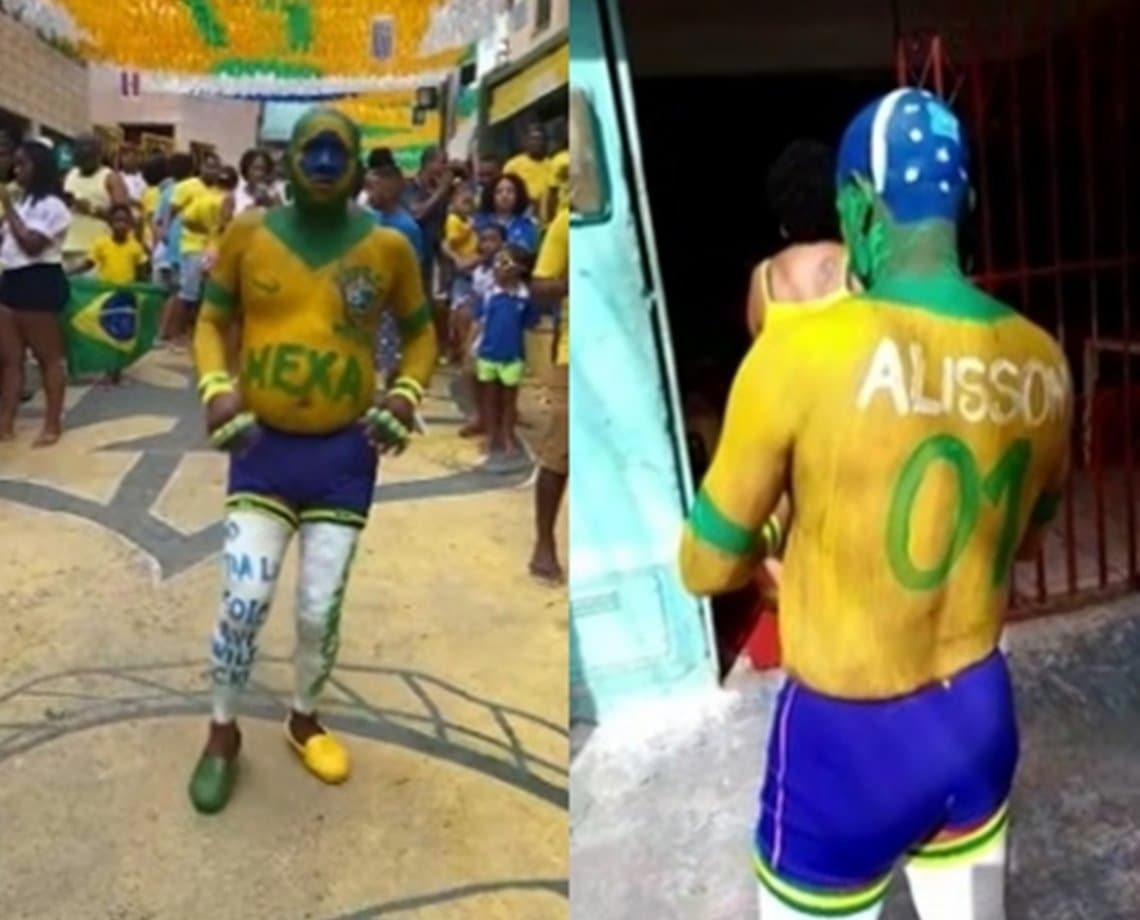 Com o corpo todo pintado de verde e amarelo, baiano espera hexa da Seleção