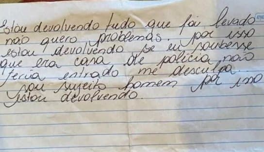 Imagem de Após furto em casa de delegado, ladrão deixa bilhete: "Se eu soubesse, não teria entrado"