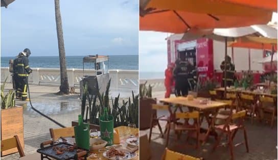 Imagem de VÍDEO: Carrinho de comida pega fogo perto do Farol da Barra e rua é fechada; "galera saiu correndo"