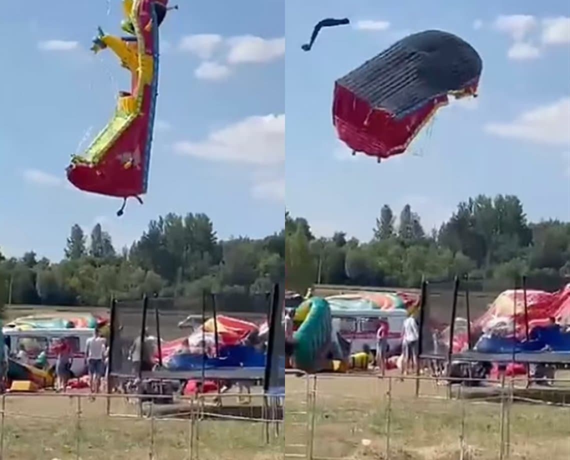 "Voar, voar, subir, subir": vento leva brinquedos infláveis, que giram no ar e deixam feridos; vídeo mostra ação 