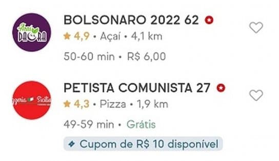 Imagem de Restaurantes surgem no iFood com nomes alterados: 'Pizzaria: Lula Ladrão', 'Sorveteria: Bolsonaro 2022' ; entenda polêmica