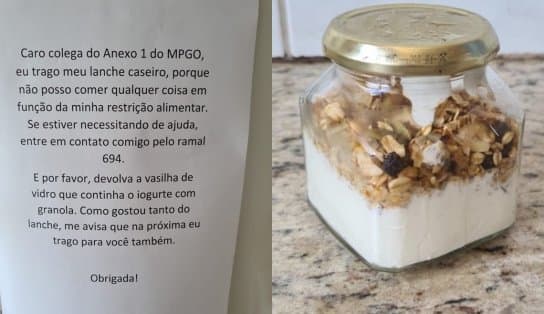 Imagem de Aviso de roubo de marmitas no MP de Goiás viraliza: "como gostou tanto, na próxima trago pra você"