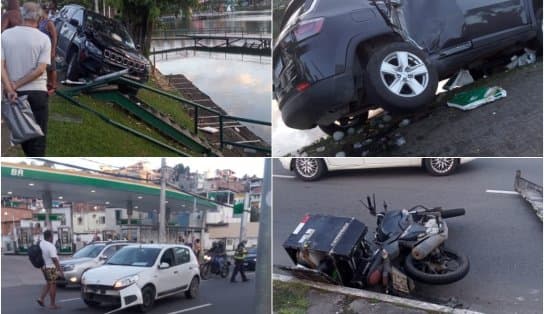 Imagem de Acidente entre carros e moto tem ferido e veículo quase caindo no Dique do Tororó 