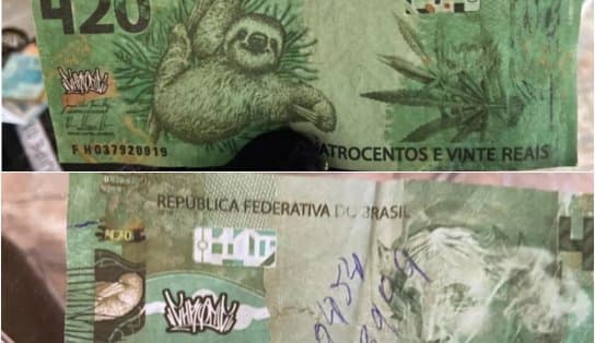 Imagem de Notas de R$ 420 são apreendidas pela PF; cédulas têm bicho-preguiça e folha de maconha na estampa