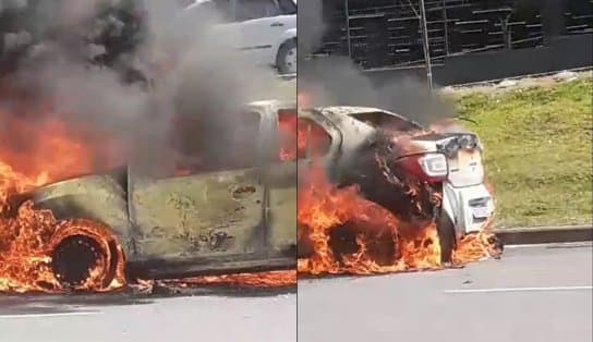 Imagem de Carro pega fogo na Avenida ACM na manhã deste domingo; incidente não afetou o trânsito