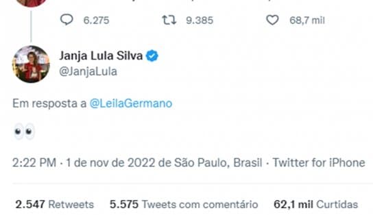 Imagem de Internauta pergunta se Janja já deu 'aquela transada' com Lula eleito e ela responde com emoji